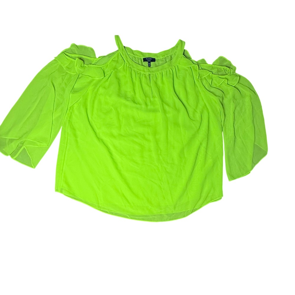 Kaari Blue Woman Neon Green Cold Shoulder Ruffle Sleeve Top Size 0X